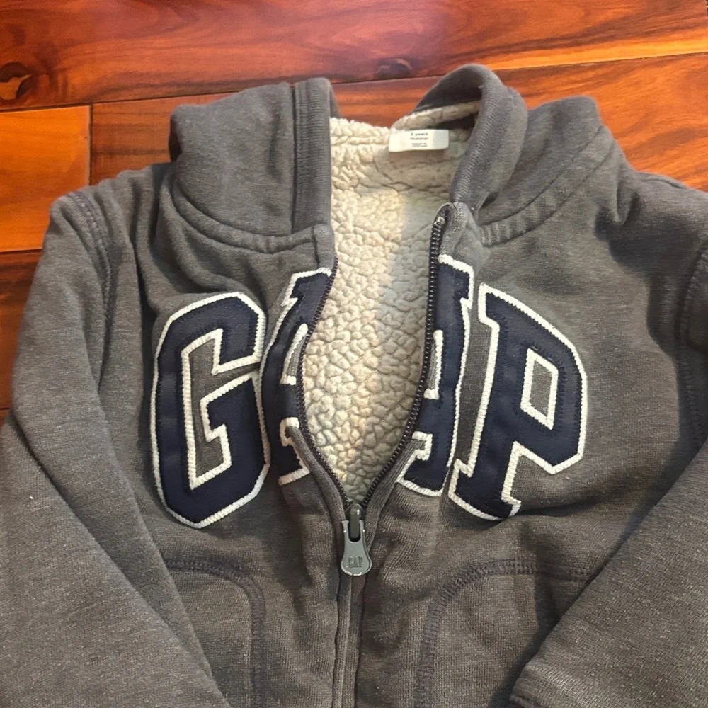GAP Kids Charcoal Gray Fleece Zip Hoodie with Navy Logo